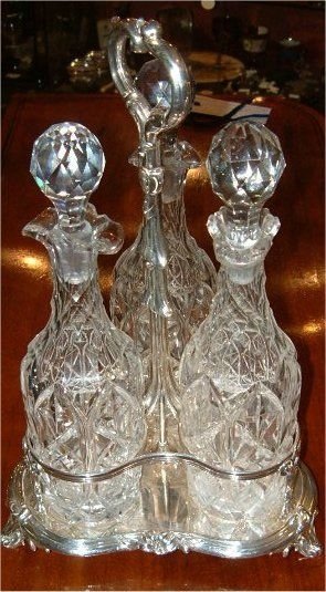 victorian silver plated cut glass 3 bottle decanter