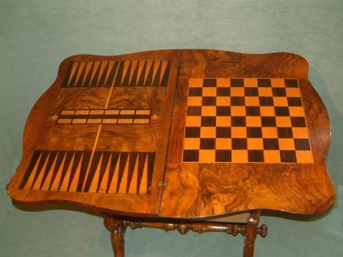 victorian burr walnut inlaid games work tablegood figuring to the top opening to reveal an inlaid backgammon cribbage chess boards