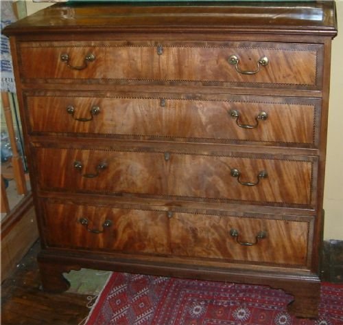 18th century faded mahogany chest of drawers with herringbone inlay original brass handles