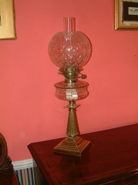 victorian oil lamp on brass reeded column with cut glass reservoire