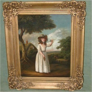 19th century oil on canvas of girl with cherries