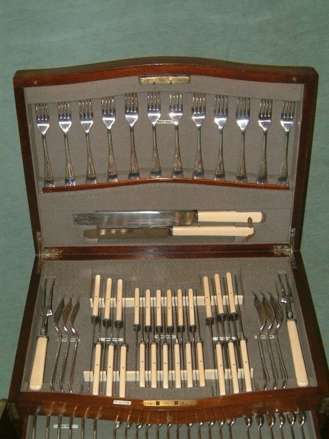 edwardian canteen of silver plated cutlery in inlaid mahogany box