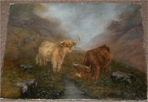 victorian oil on canvas signed mhudspith of highland cattle drinking by a stream