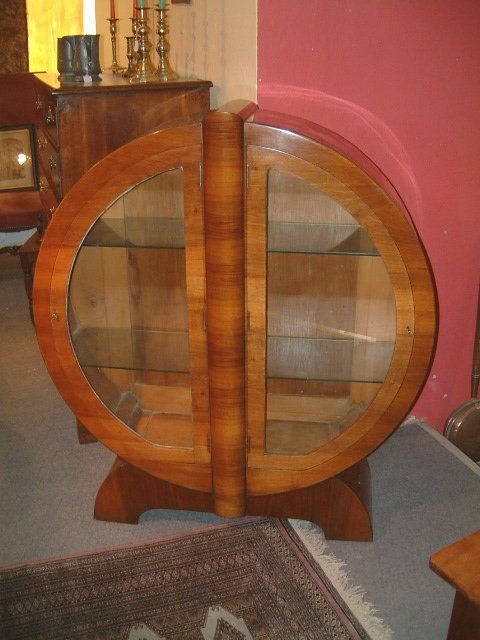 art deco circular walnut display cabinet