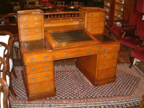 superb 19th century pale oak dickens writing desk with hobbs locks stamped lamb manchester