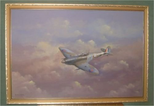 20thc oil on canvas of spitfire flown by ww2 air ace robert stanfordtuck painted by claude waller 1983