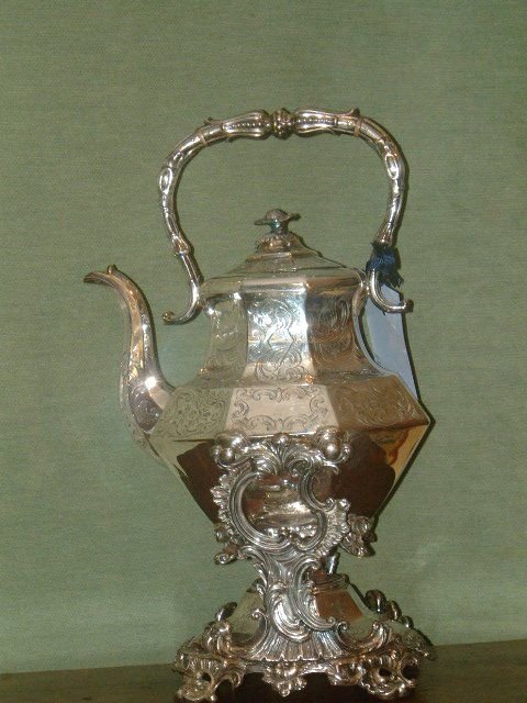 victorian silver plated tea kettle on burner stand