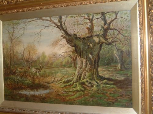 oil on canvas woodland scene with deer 19thc signed le