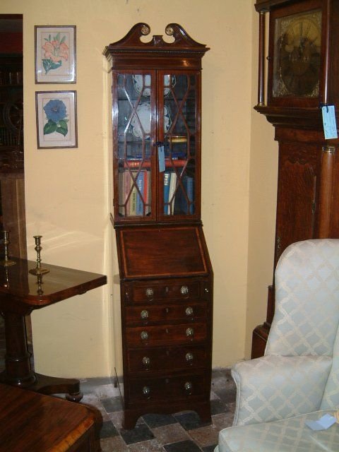 exceptionally narrow edwardian mahogany inlaid bureau bookcase