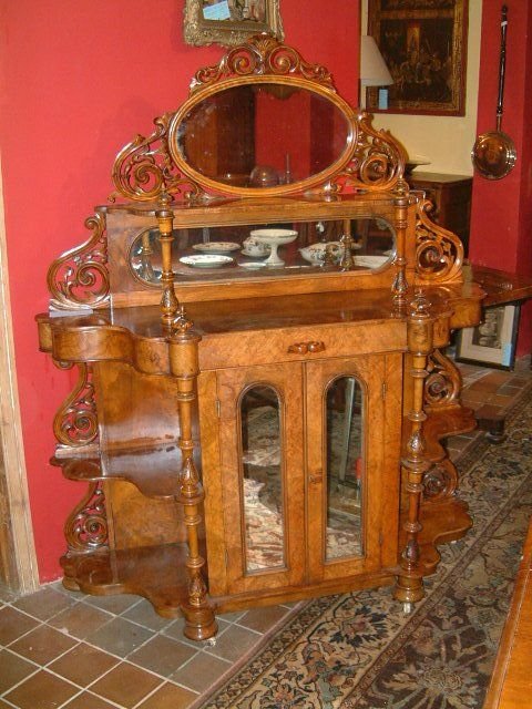 victorian burr walnut carved mirrored side cabinetchiffonier
