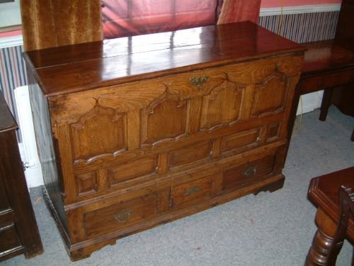 18th century oak mule chest with arched panels three drawers