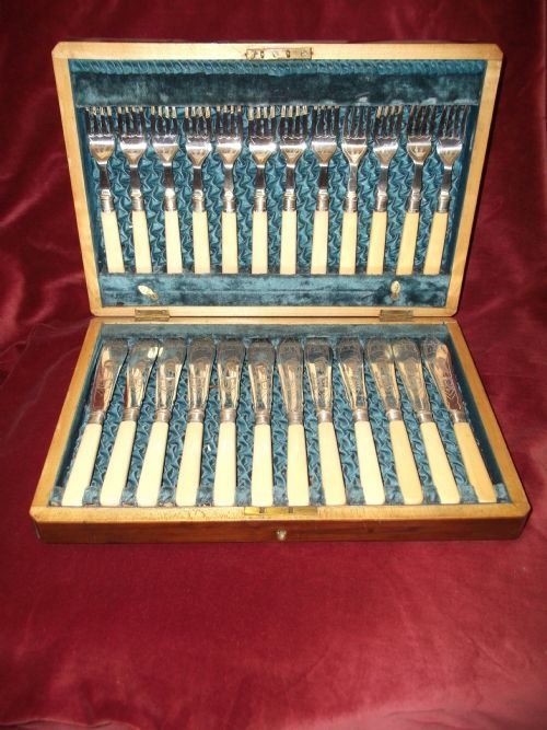 victorian 12 place fish set with ivory handles silver collars 1893 sheffield
