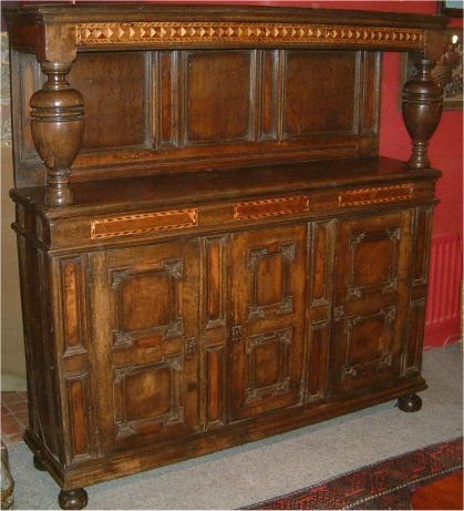 late 17th century oak court cupboard deuddarn mid wales with yew wood panels and inlay comprising of sycamore walnut holy other woods