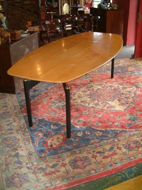 1960s70 ash dining table with centre panel with silver plated inlay