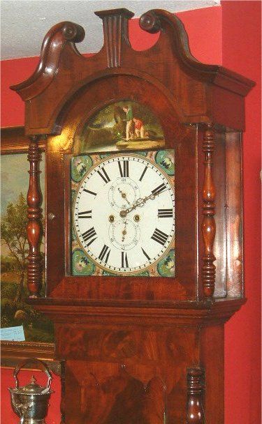victorian flame mahogany longcase clock with unusual fishing scene dial
