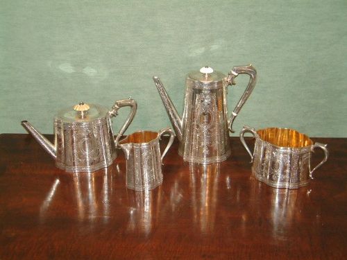 19thc elkington silver plated tea coffee set with gold plating to the sugar pot cream jug
