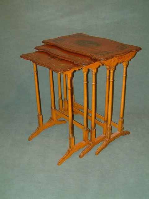 superb set of three edwardian satinwood painted nest of tables