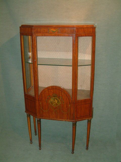 superb inlaid edwardian satinwood display cabinet with painted decoration
