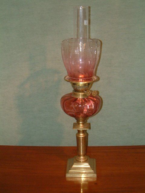 victorian cranberry glass brass oil lamp
