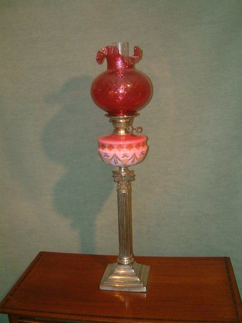 victorian cranberry glass brass corinthian column oil lamp