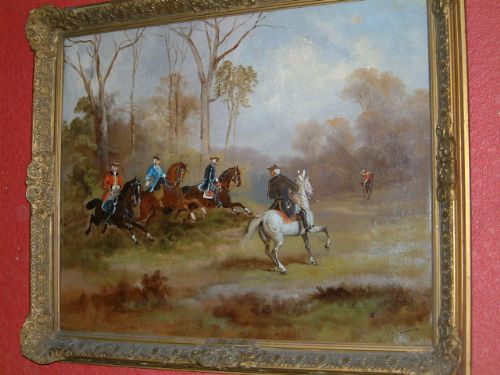 19thc oil on canvas depicting hunting sceneon the scent signed creagan