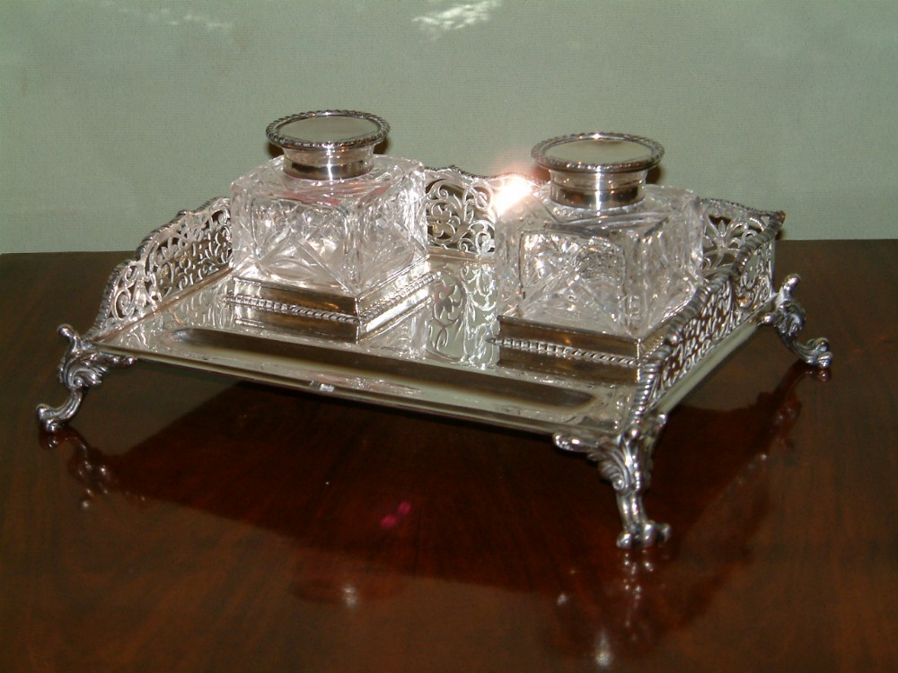 edwardian silver inkstand with cut glass bottles dated 1906