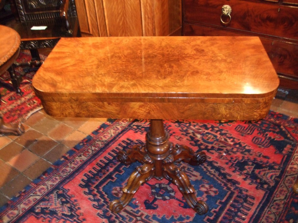 victorian burr walnut foldover card table with carved base