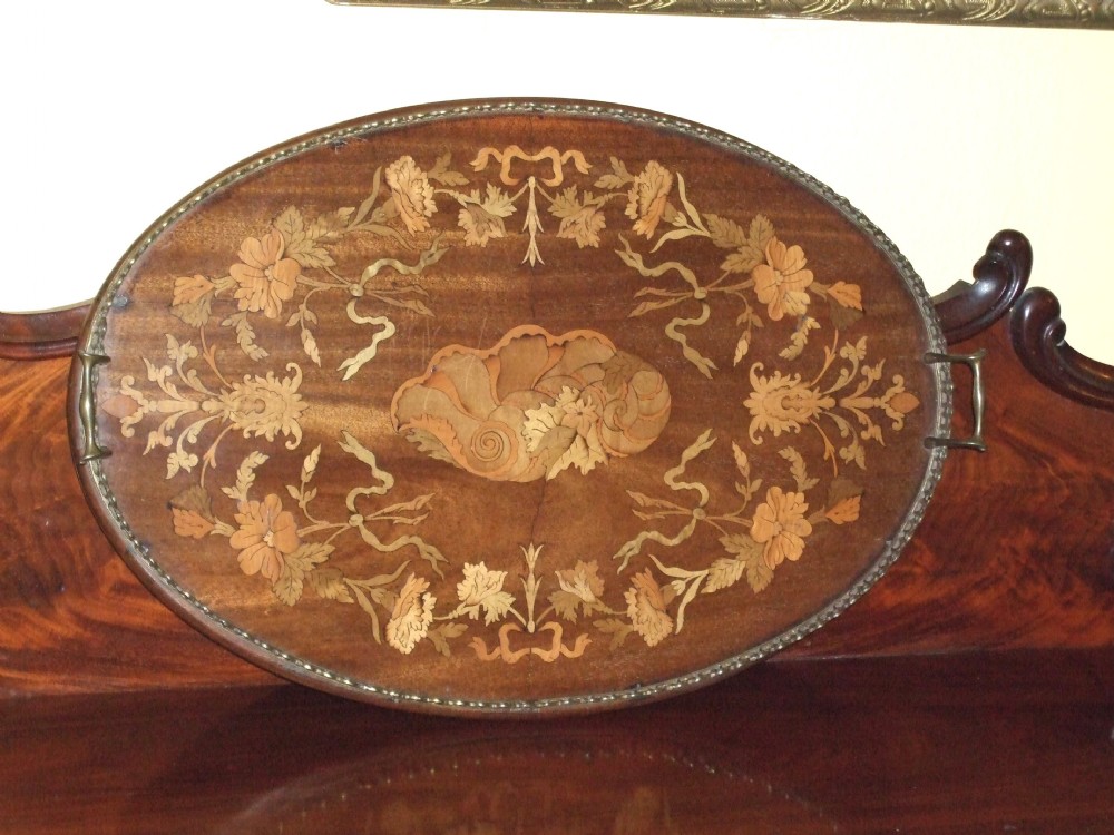 finely inlaid edwardian oval tea tray with brass gallery handles