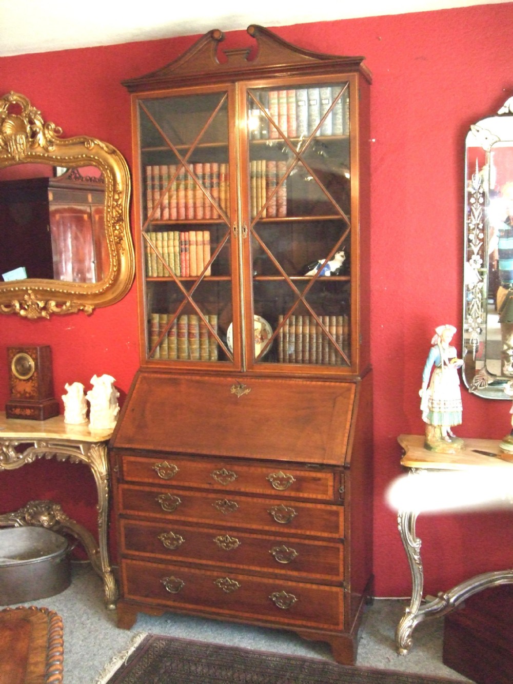 george 3rd mahogany inlaid glazed bureau bookcase with swan neck pediment