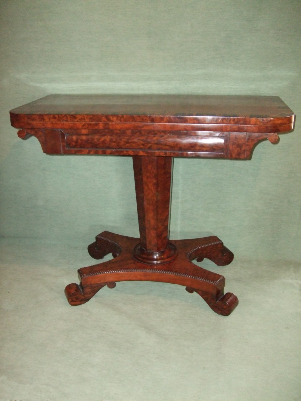 regency plum pudding mahogany with calamander banding pedestal card table