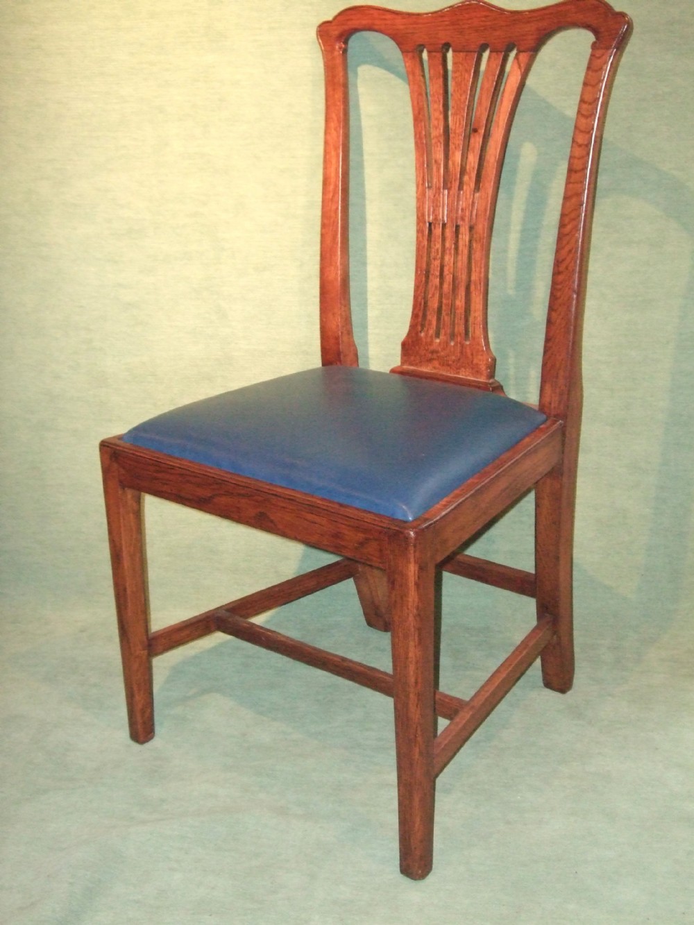 set of 6 edwardian oak dining chairs with blue leather seat
