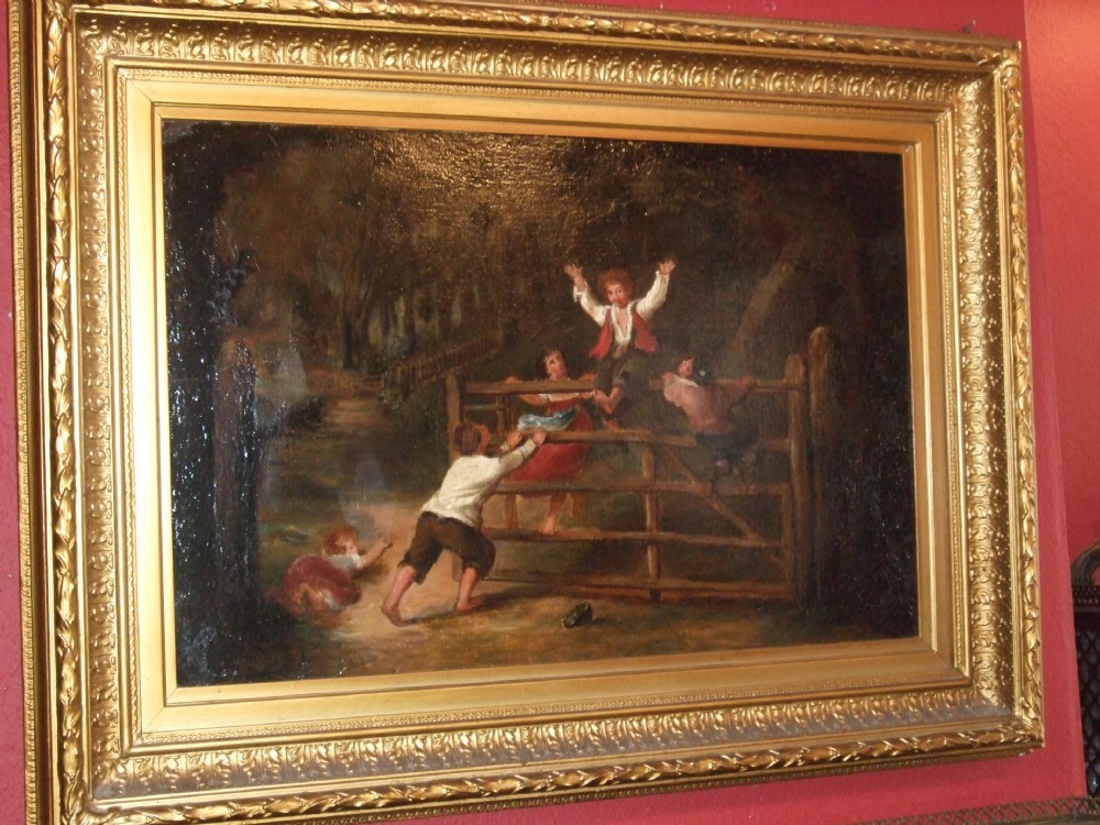 19th oil painting on canvas in gilt frame woodland scene of children playing on a gate