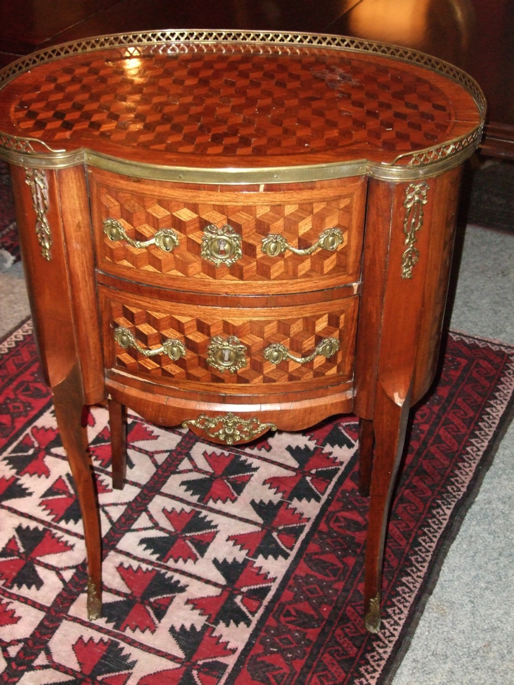 19thc louis xvi style kidney shaped parquetry side cabinet