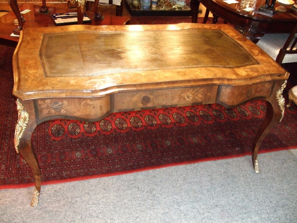 victorian inlaid walnut writing table with ormolu mounts three drawers