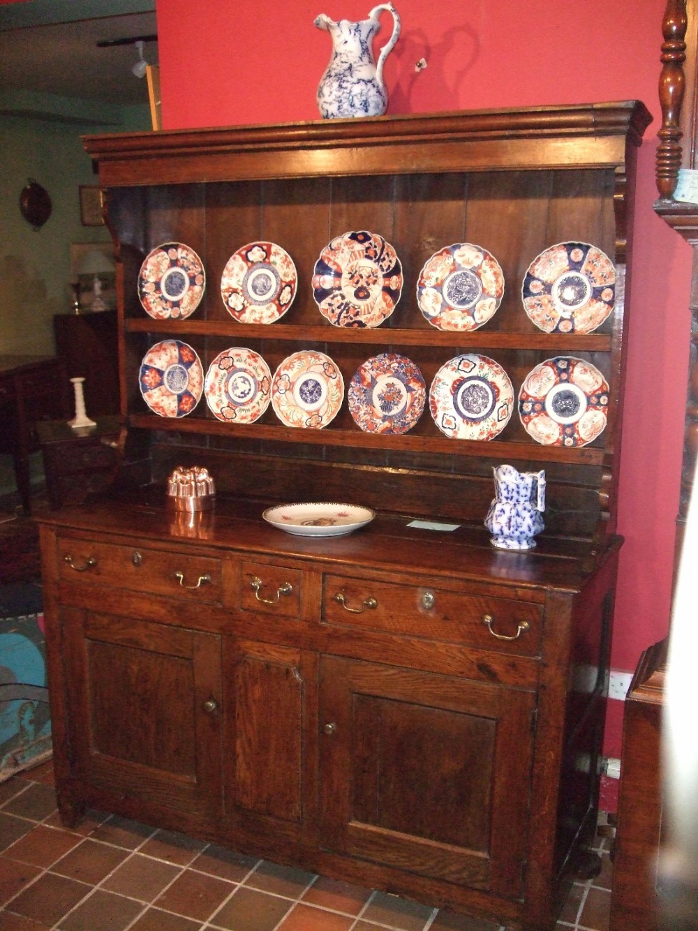 18thc oak fruitwood dresser with brass handles