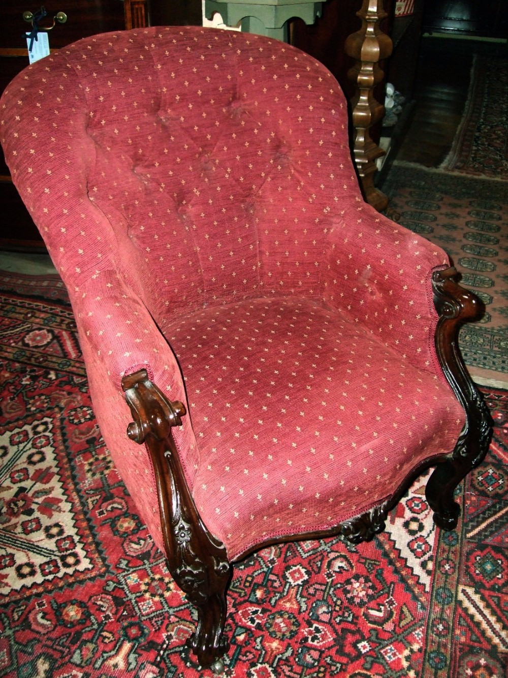 victorian mahogany upholstered arm chair with carved decoration