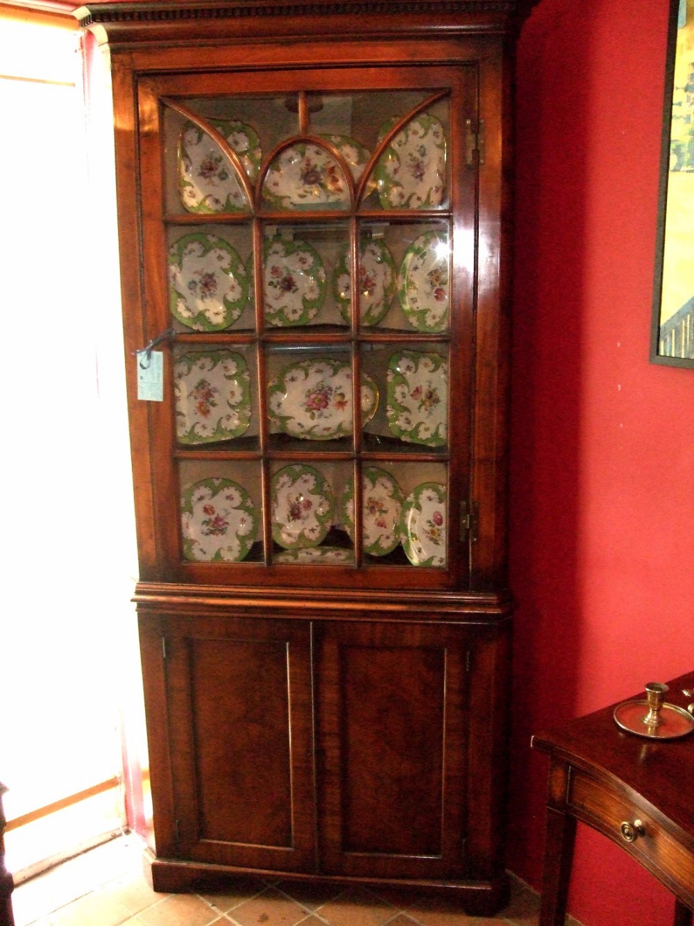 george 3rd mahogany glazed corner cabinet with dentil moulding
