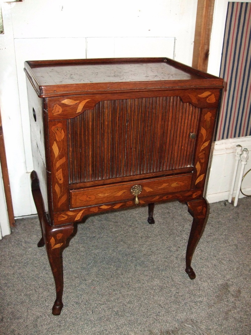 fine quality 19thc dutch marquetryinlaid mahogany tambour bedside table with drawer