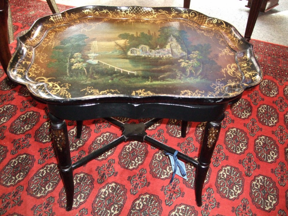 victorian papier mache tray top table with mother of pearl inlay