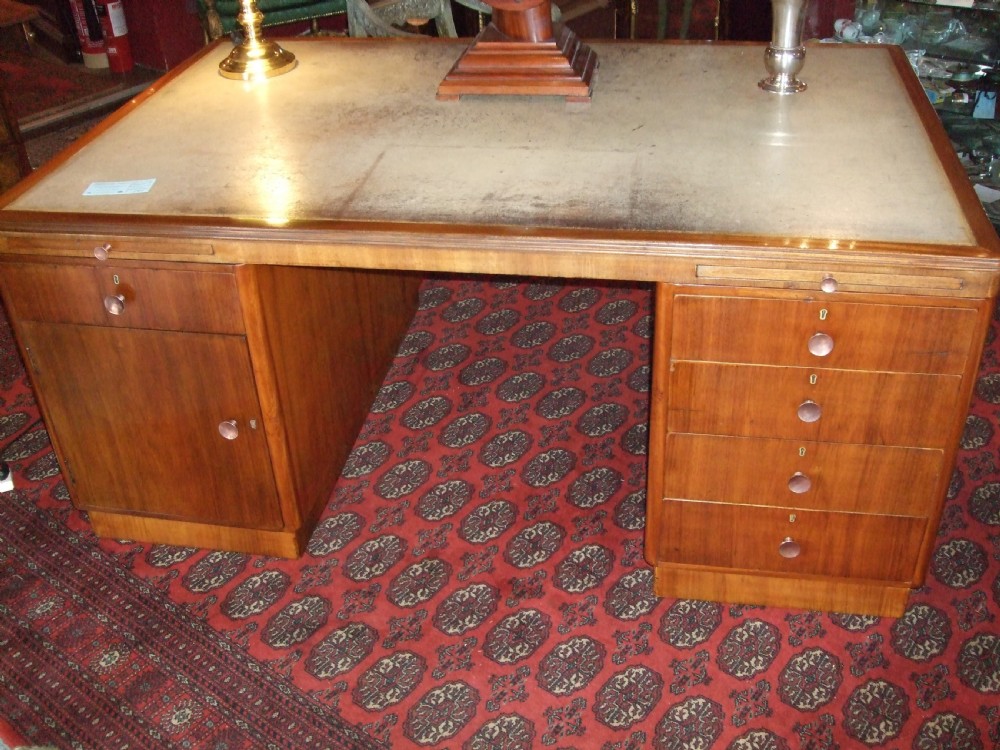 art deco walnut pedestal writing desk with original cream leather patinated writing surface c1930