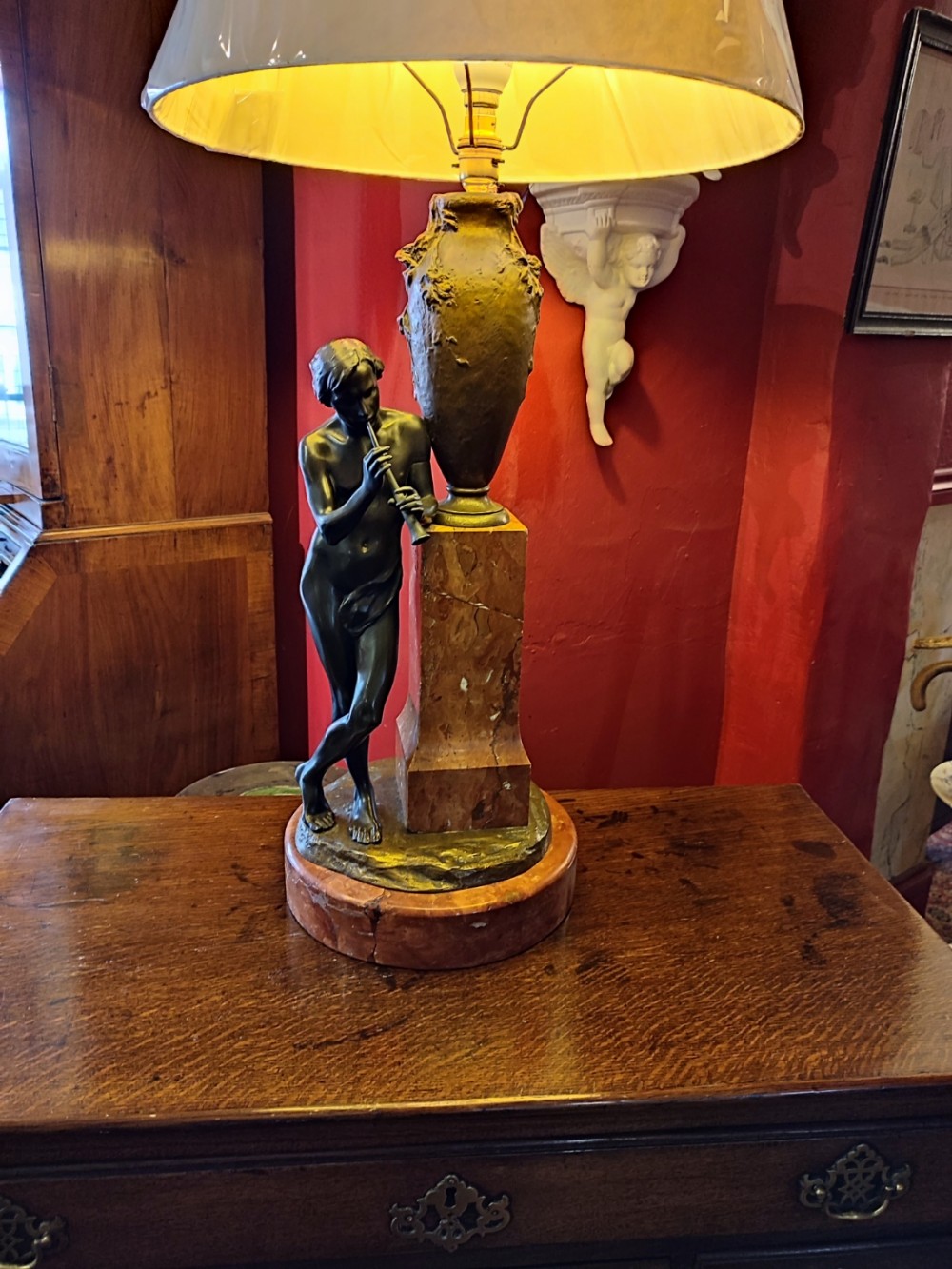 edwardian bronze figural lamp on marble base