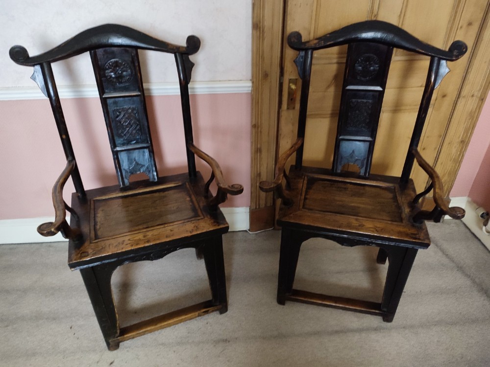 pair of early 19thc elm chinese throne chairs with carved back splats