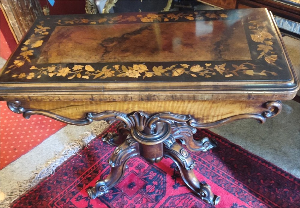19thc superb walnut marquetry card table