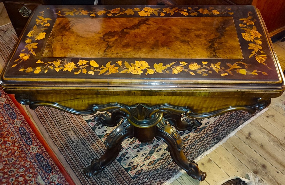 19thc floral inlaid card table