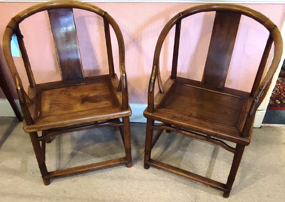 pair chinese brass inlaid arm chairs 19thc of horseshoe shape