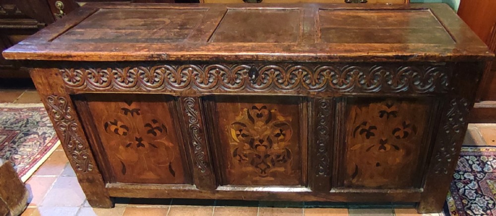 17thc marquetry panelled coffer