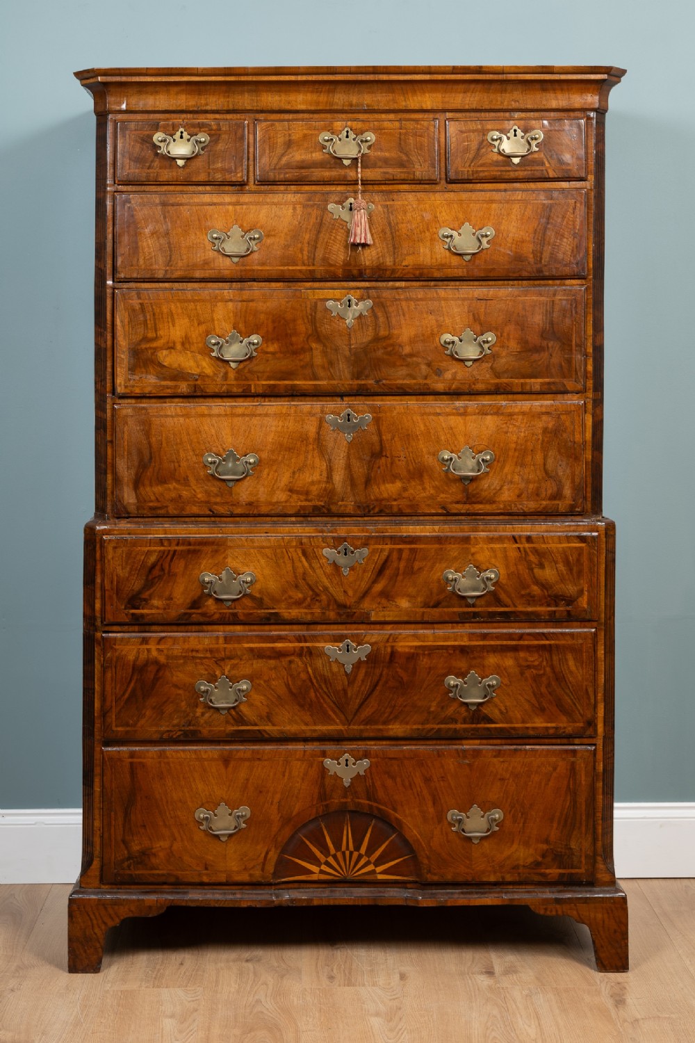 george 2nd walnut chest on chest with concave sunburst