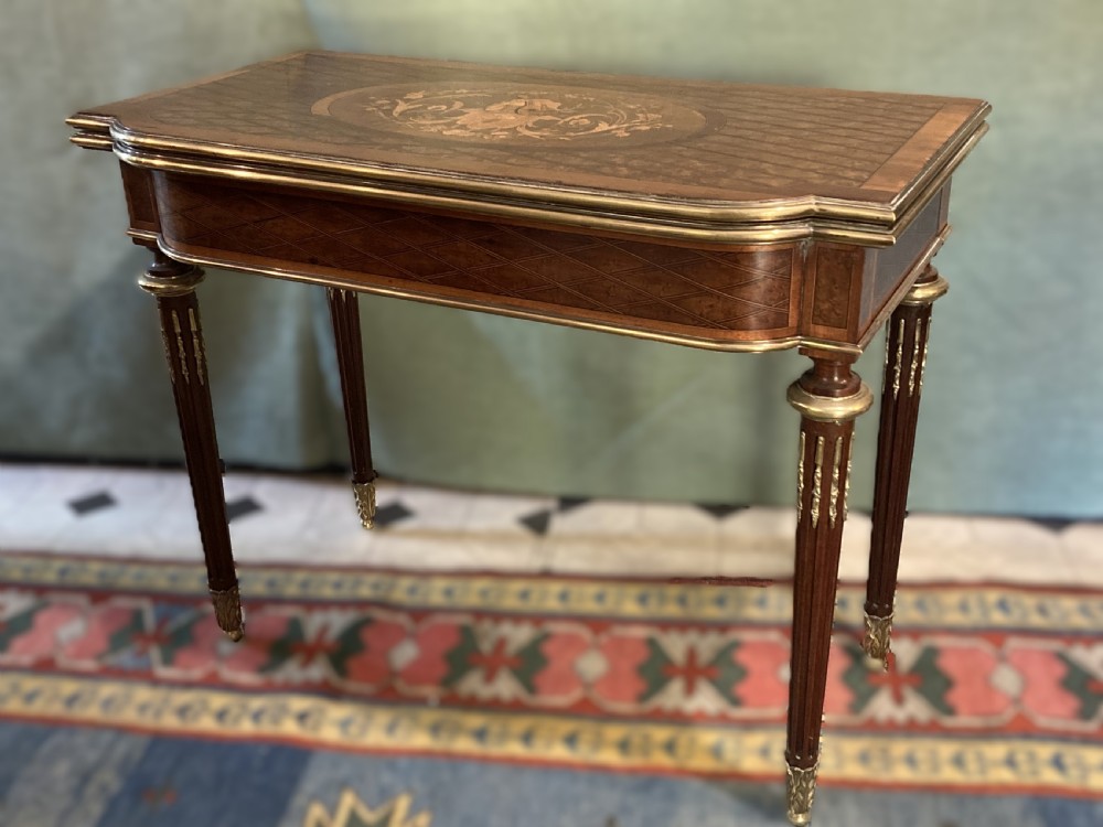 19thc ormolu card table walnut with exotic woods inlay